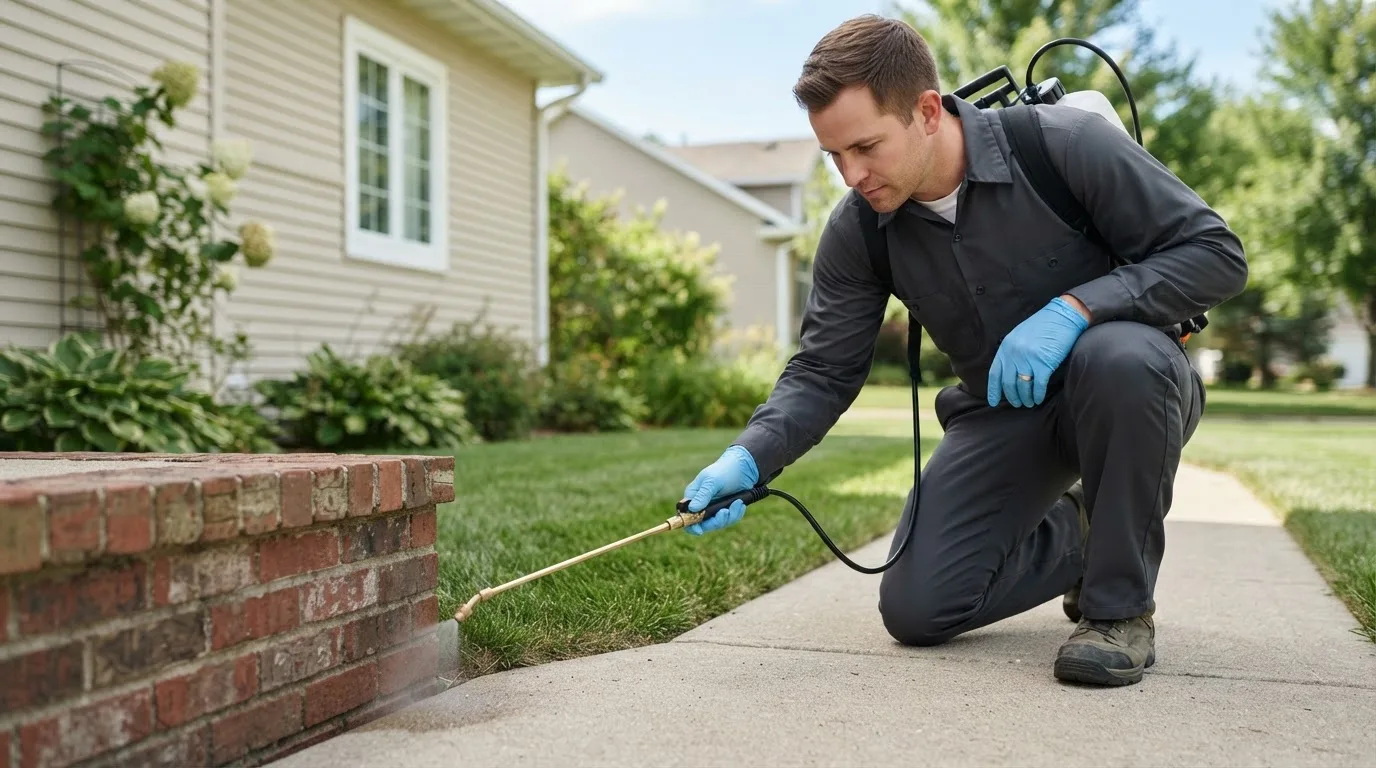 Pest control technician treating a home near Coffeyville, KS